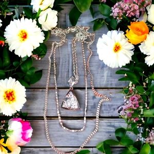 Stunning Vintage three chain layer silver necklace~double triangle penda…